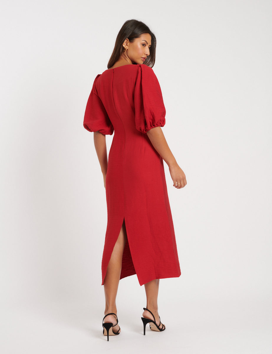 Red Puff Sleeve Hannah Midi Dress