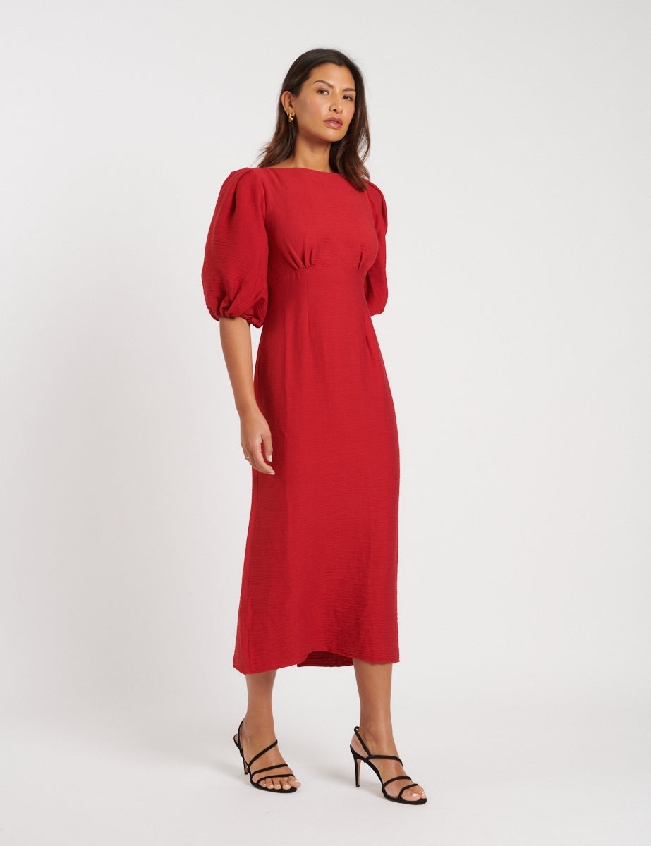 Red Puff Sleeve Hannah Midi Dress