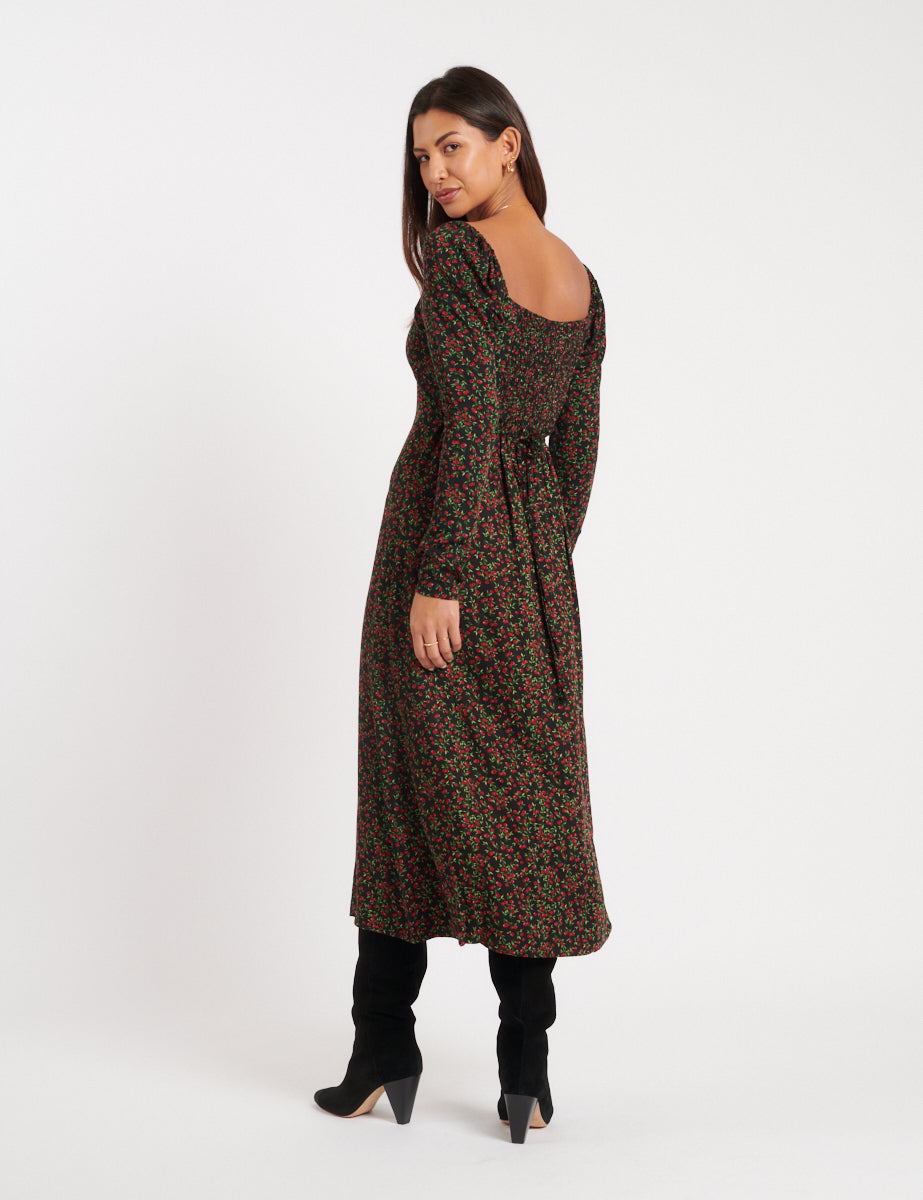 Black Fruit Print Abby Midi Dress