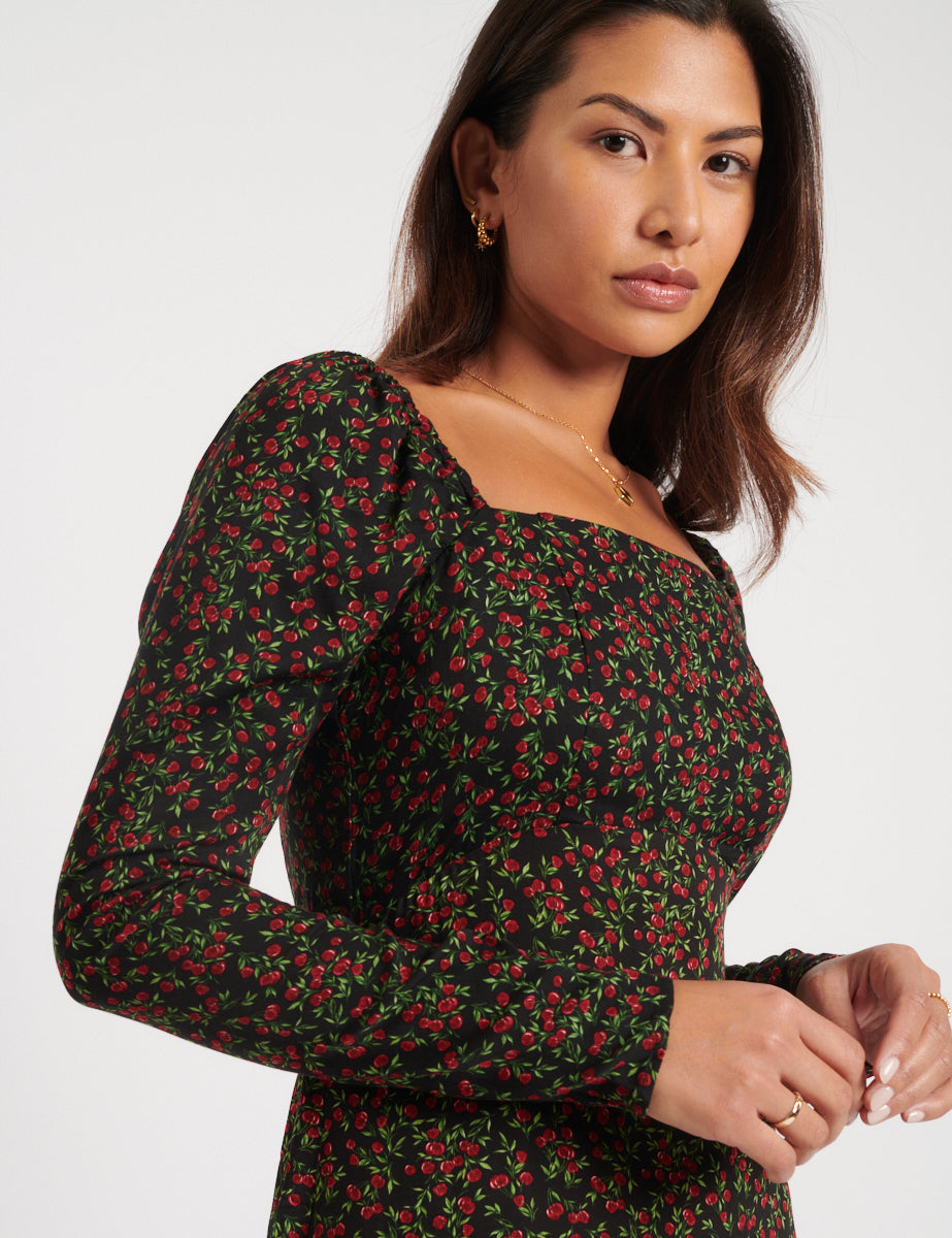 Black Fruit Print Abby Midi Dress