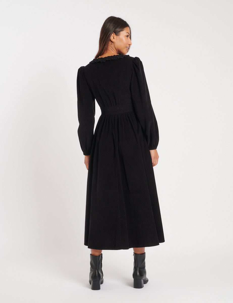 Black Cord Long Sleeve Flossie Midi Dress