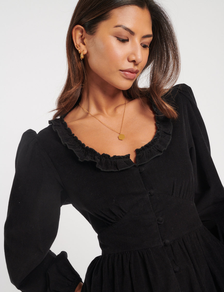 Black Cord Long Sleeve Flossie Midi Dress