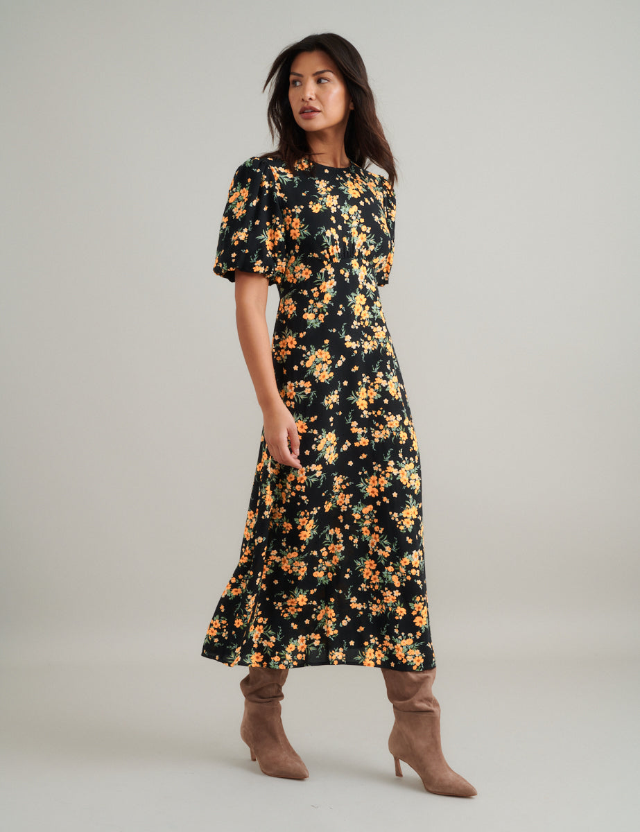 Black Floral Benita Midi Dress