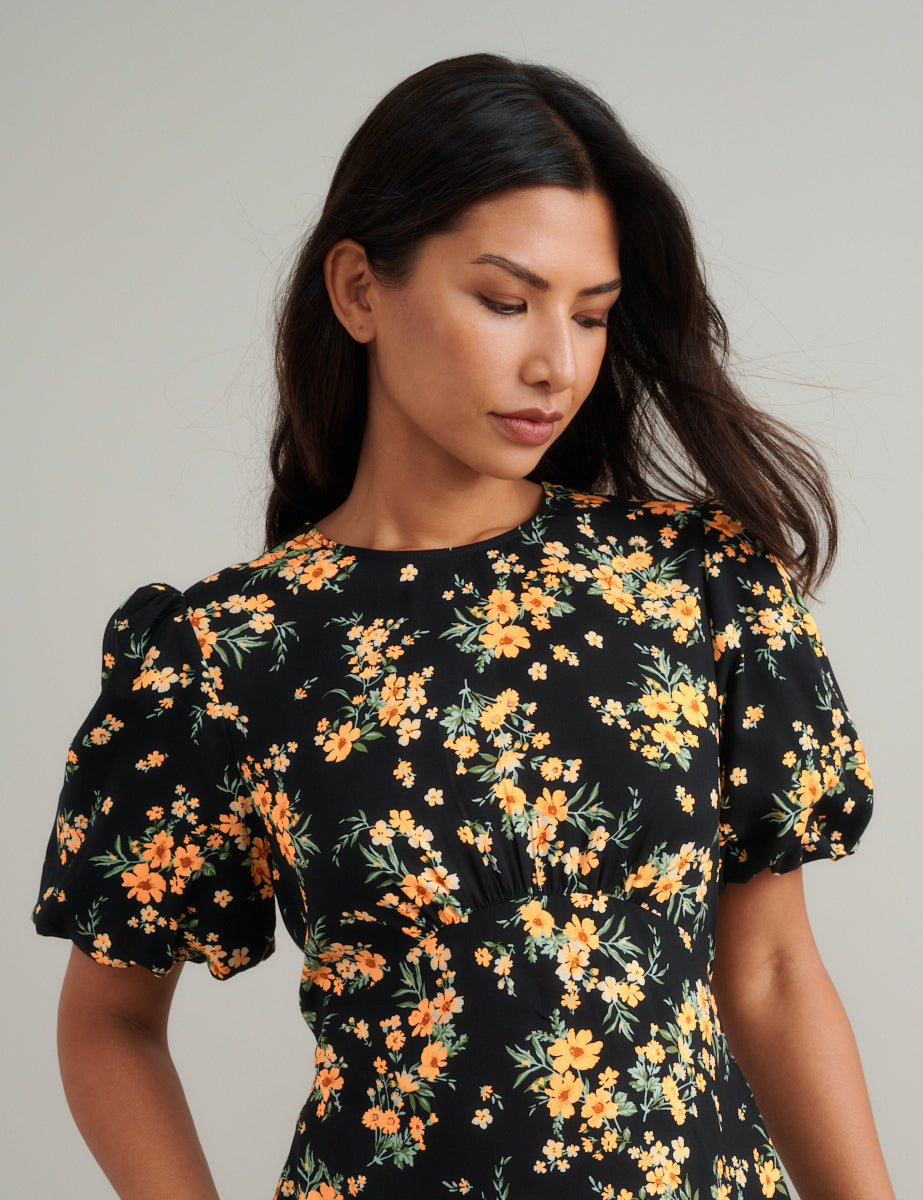 Black Floral Benita Midi Dress