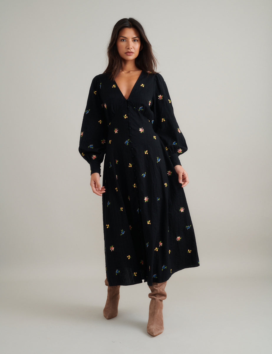 Black Floral Embroidered Balloon Sleeve Shannon Midi Dress