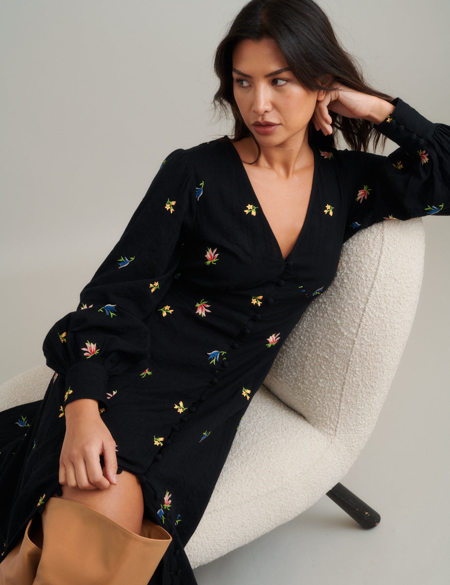 Black Floral Embroidered Balloon Sleeve Shannon Midi Dress