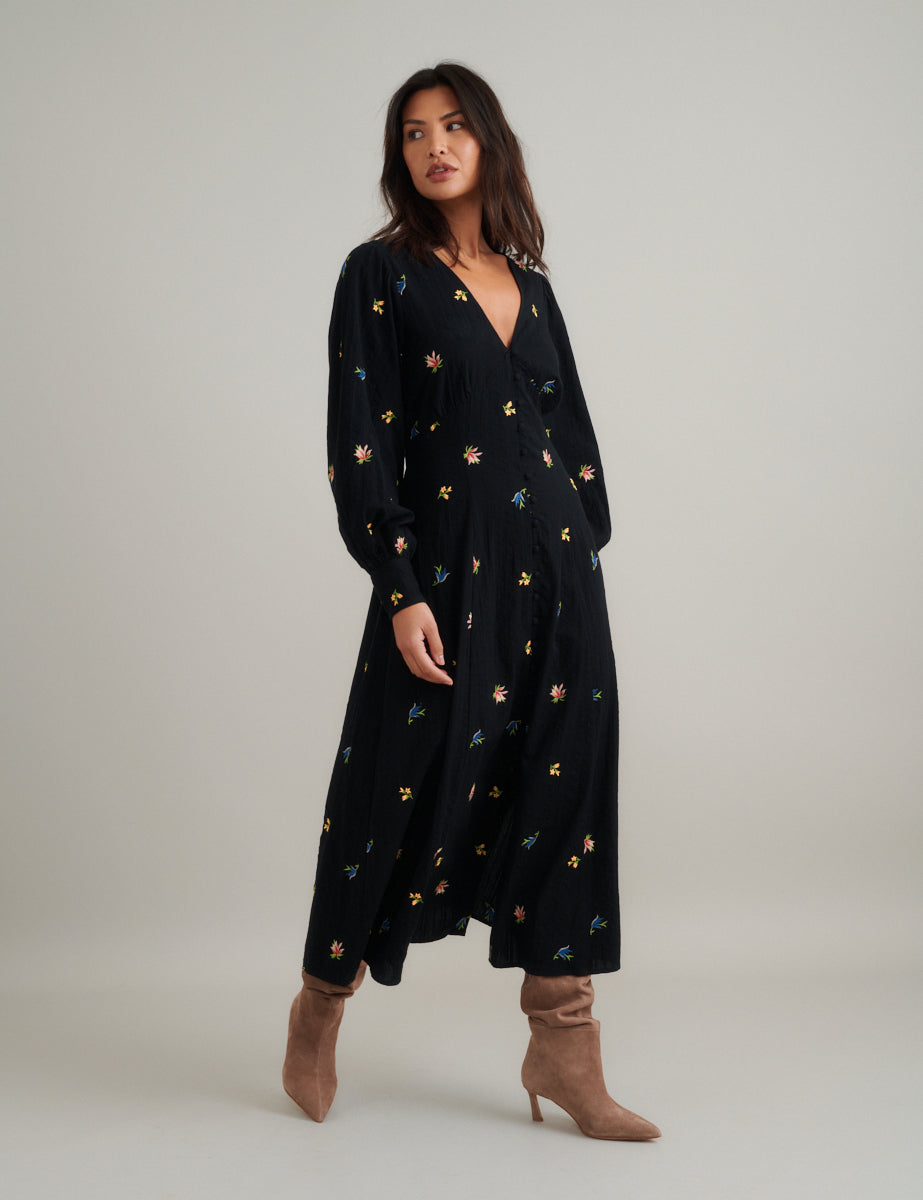 Black Floral Embroidered Balloon Sleeve Shannon Midi Dress