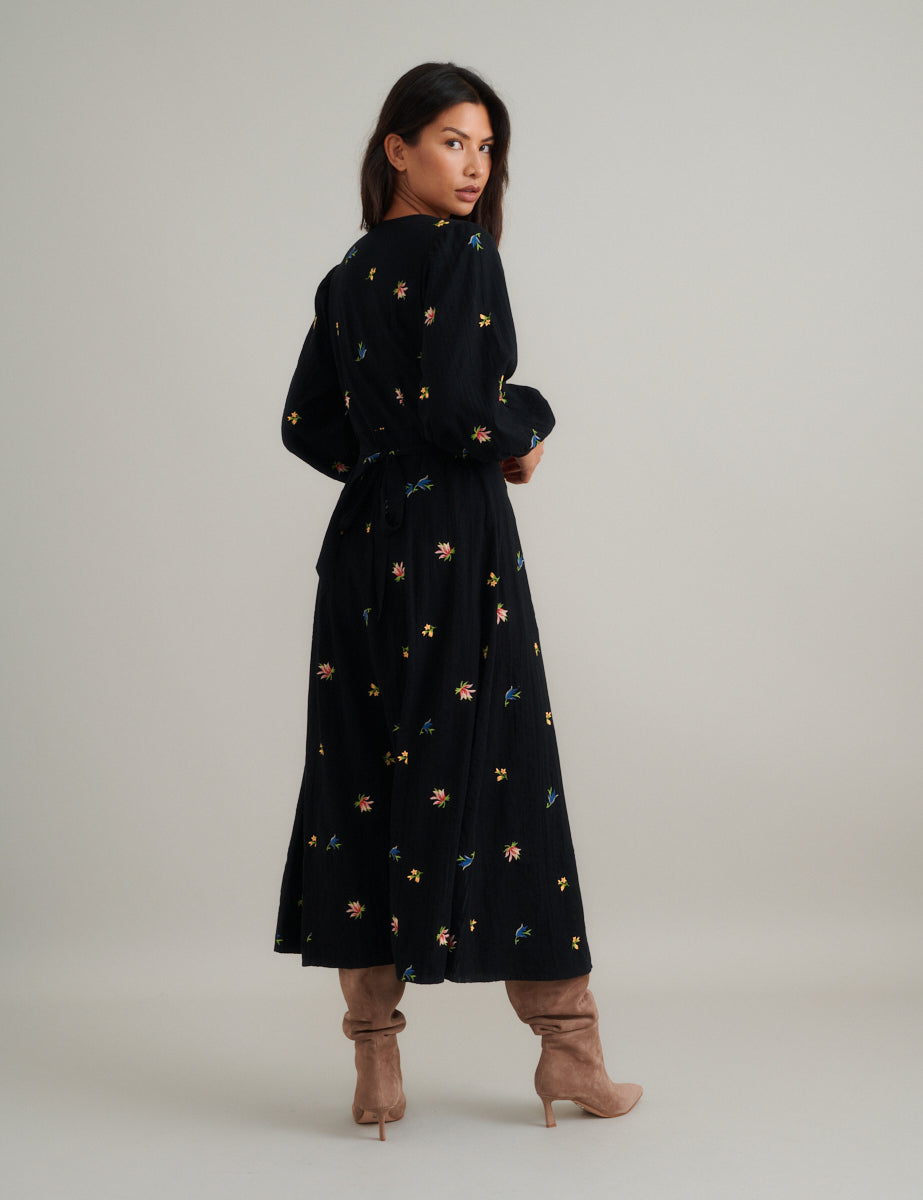 Black Floral Embroidered Balloon Sleeve Shannon Midi Dress