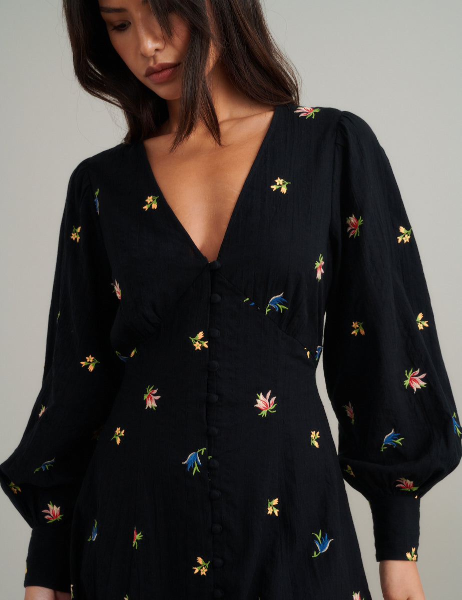 Black Floral Embroidered Balloon Sleeve Shannon Midi Dress