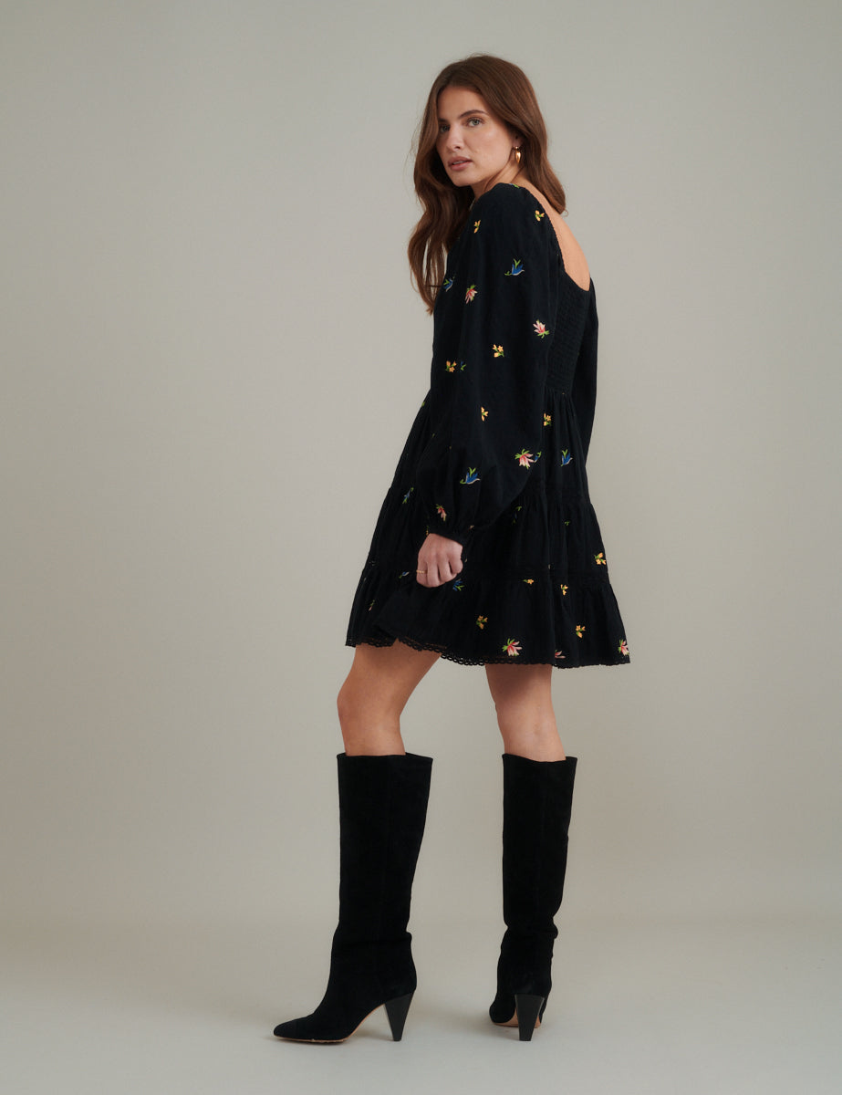 Black Floral Embroidered Whitley Mini Dress