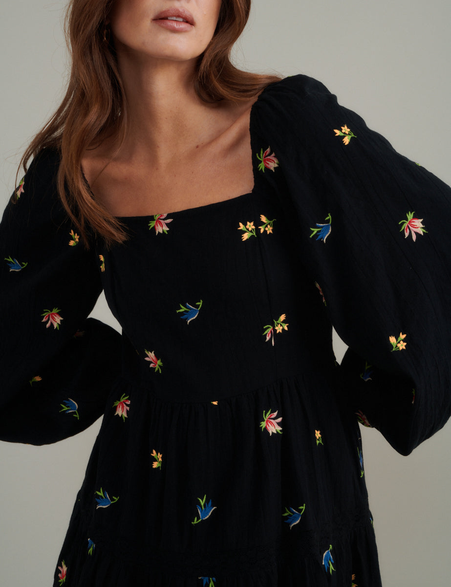 Black Floral Embroidered Whitley Mini Dress