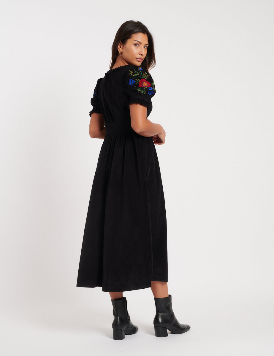 Black Cord Embroidered Flossie Midi Dress