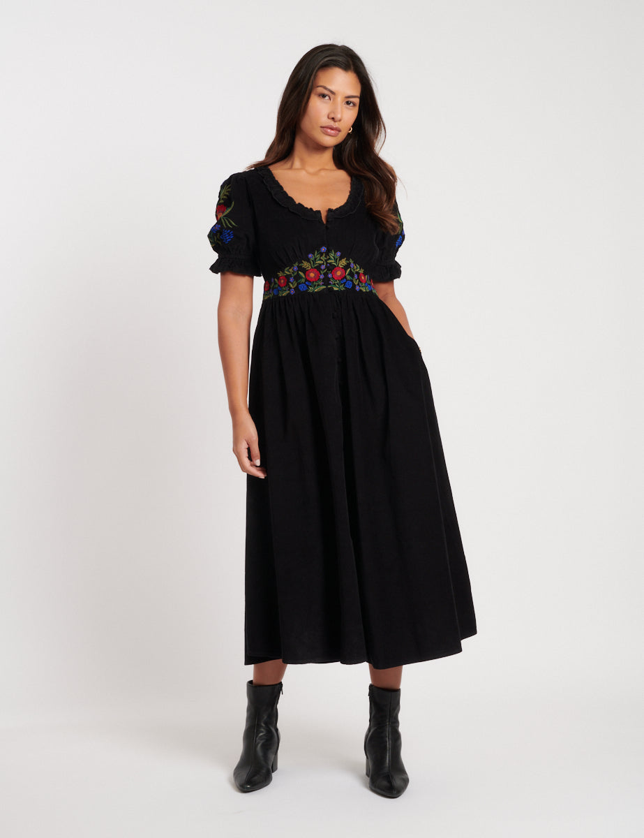 Black Cord Embroidered Flossie Midi Dress