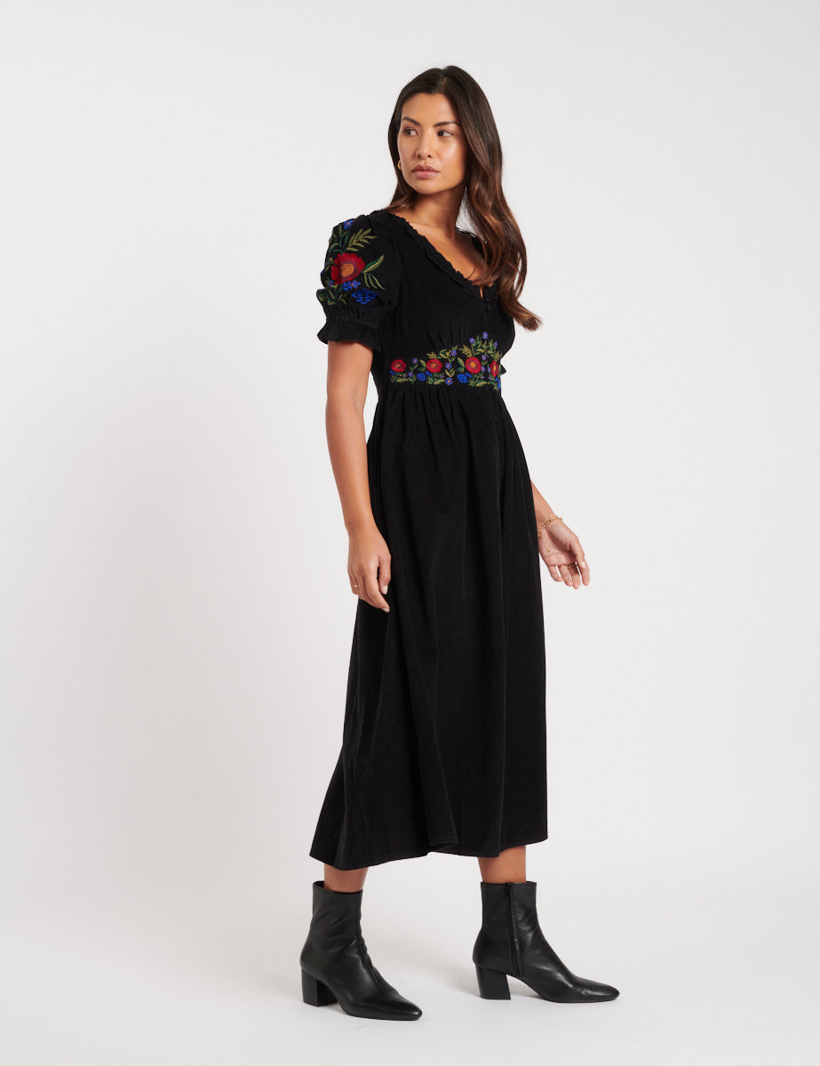 Black Cord Embroidered Flossie Midi Dress