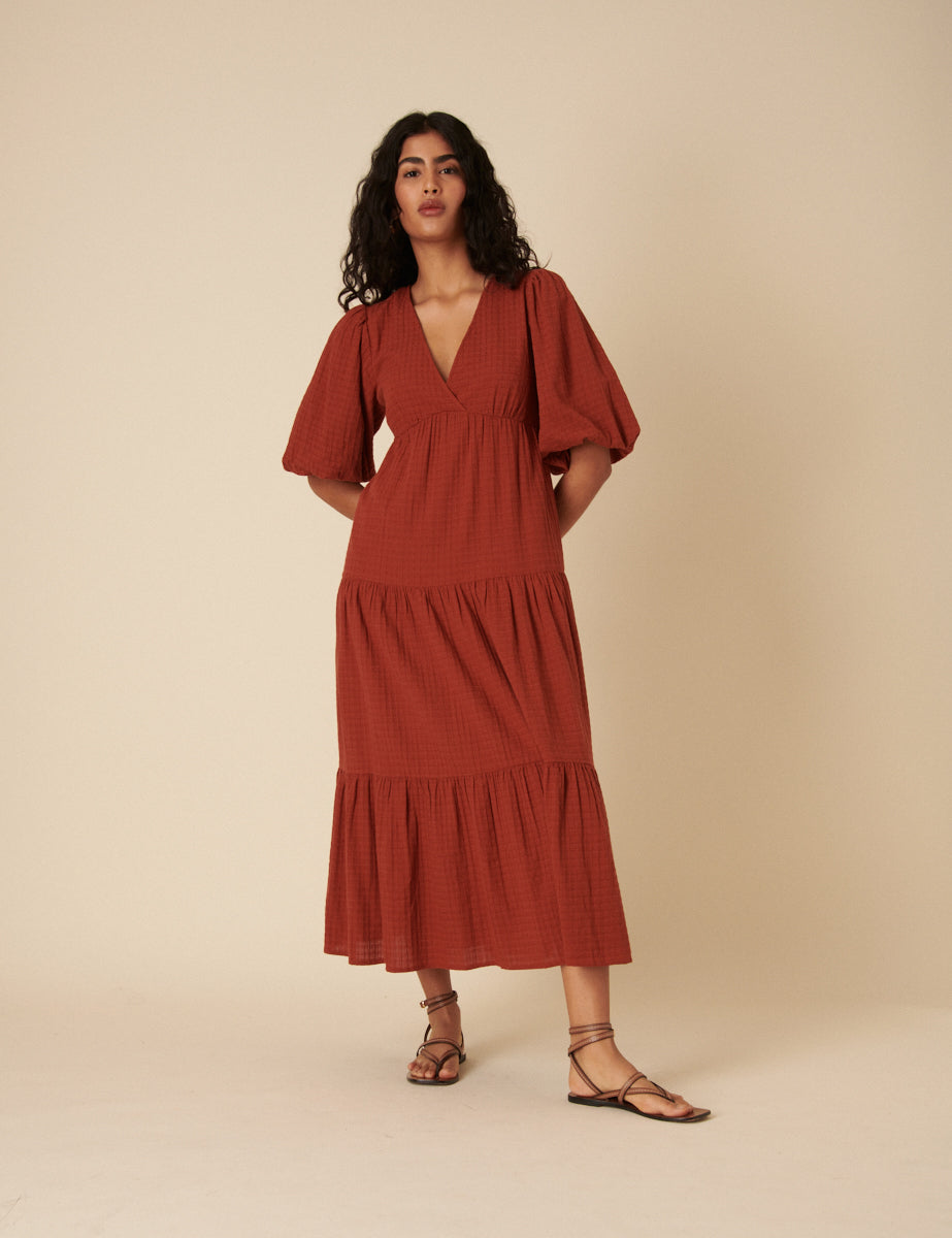 Burnt Orange Tiered Roselena Midi Dress