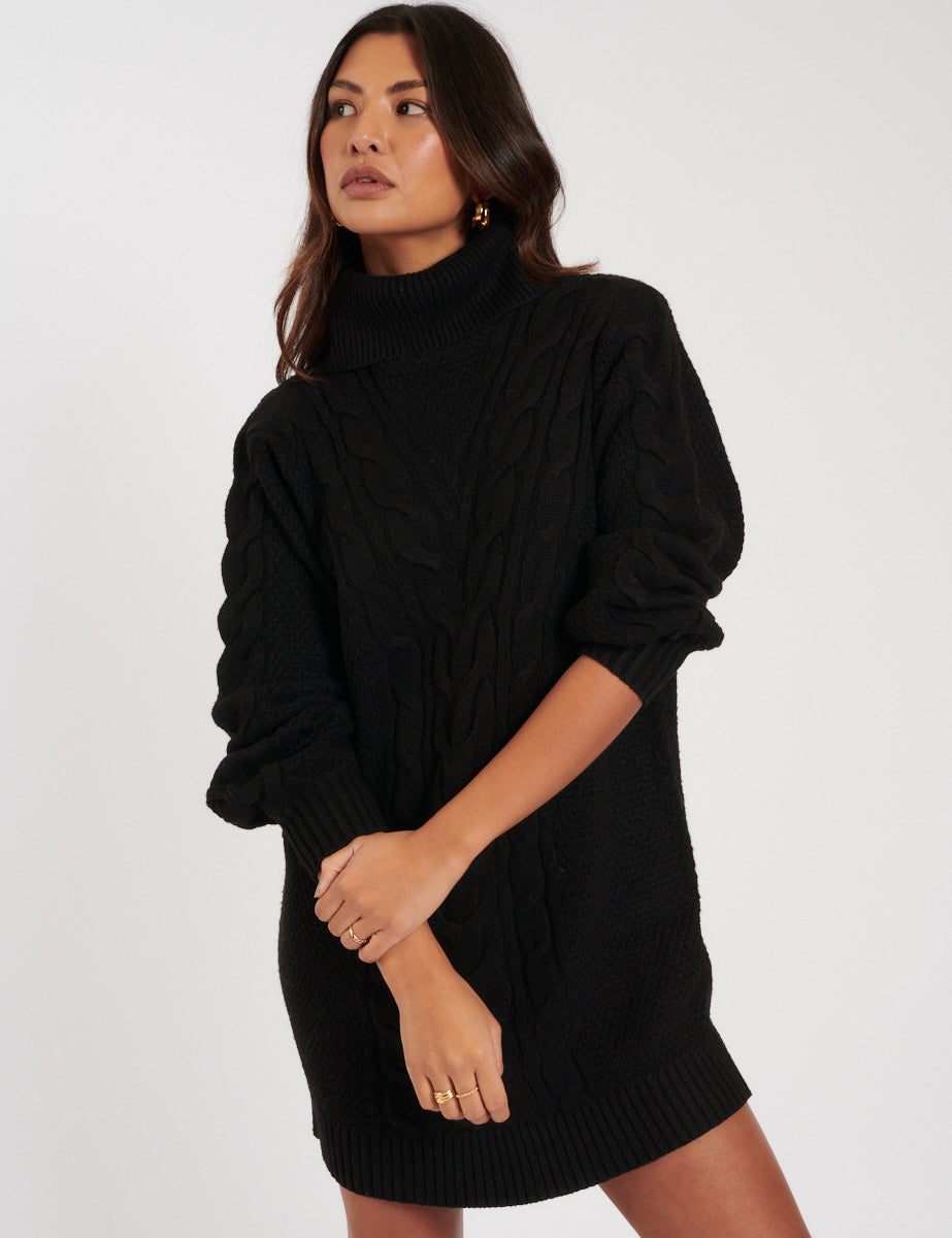 Black Roll Neck Cable Knitted Mini Dress