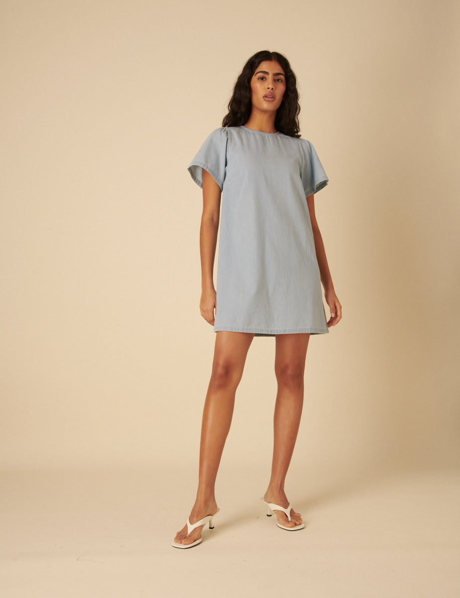 Light Blue Denim Puff Sleeve Mini Swing Dress