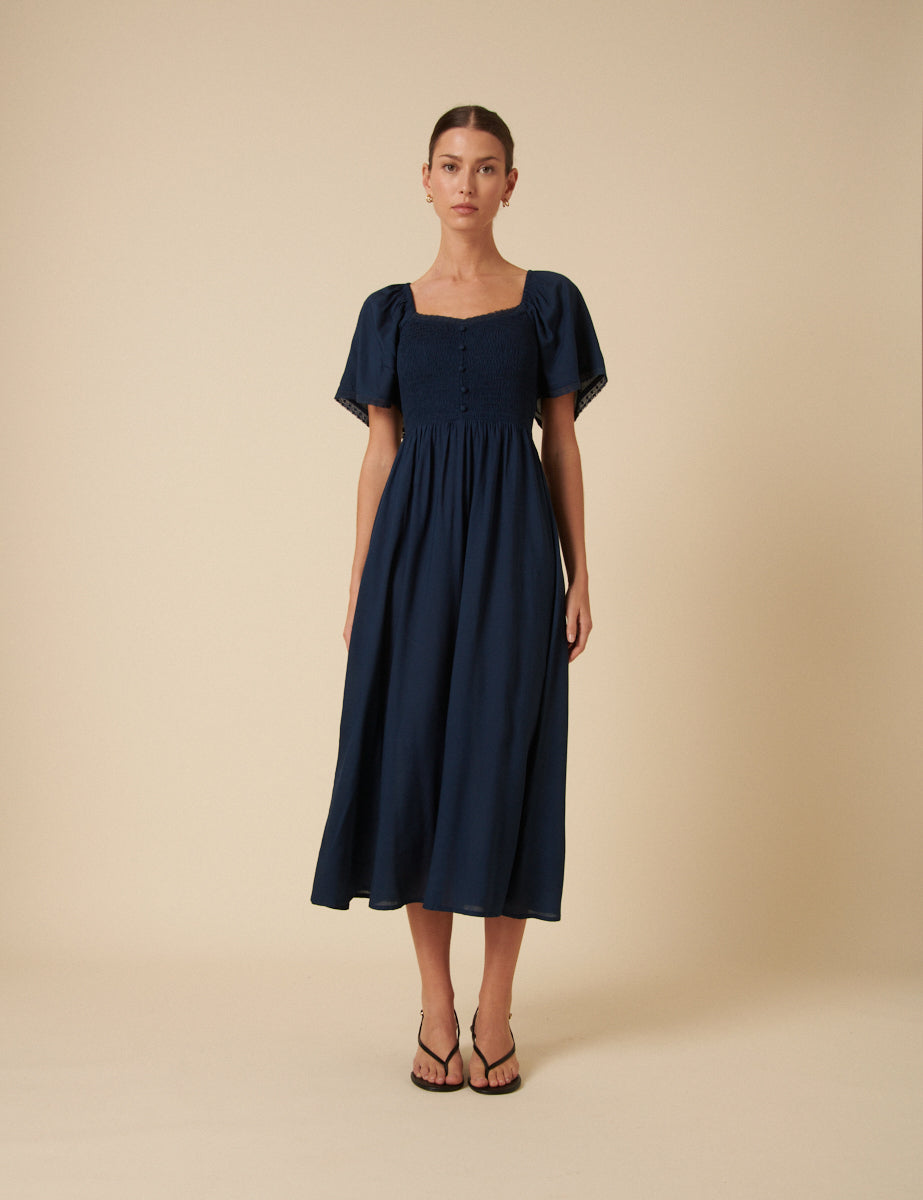 Navy Ruched Puff Sleeve Mia Midi Dress