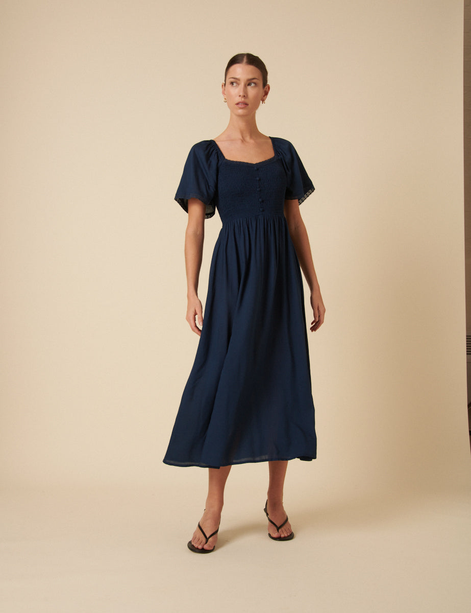 Navy Ruched Puff Sleeve Mia Midi Dress