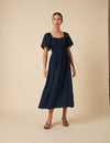 Navy Ruched Puff Sleeve Mia Midi Dress