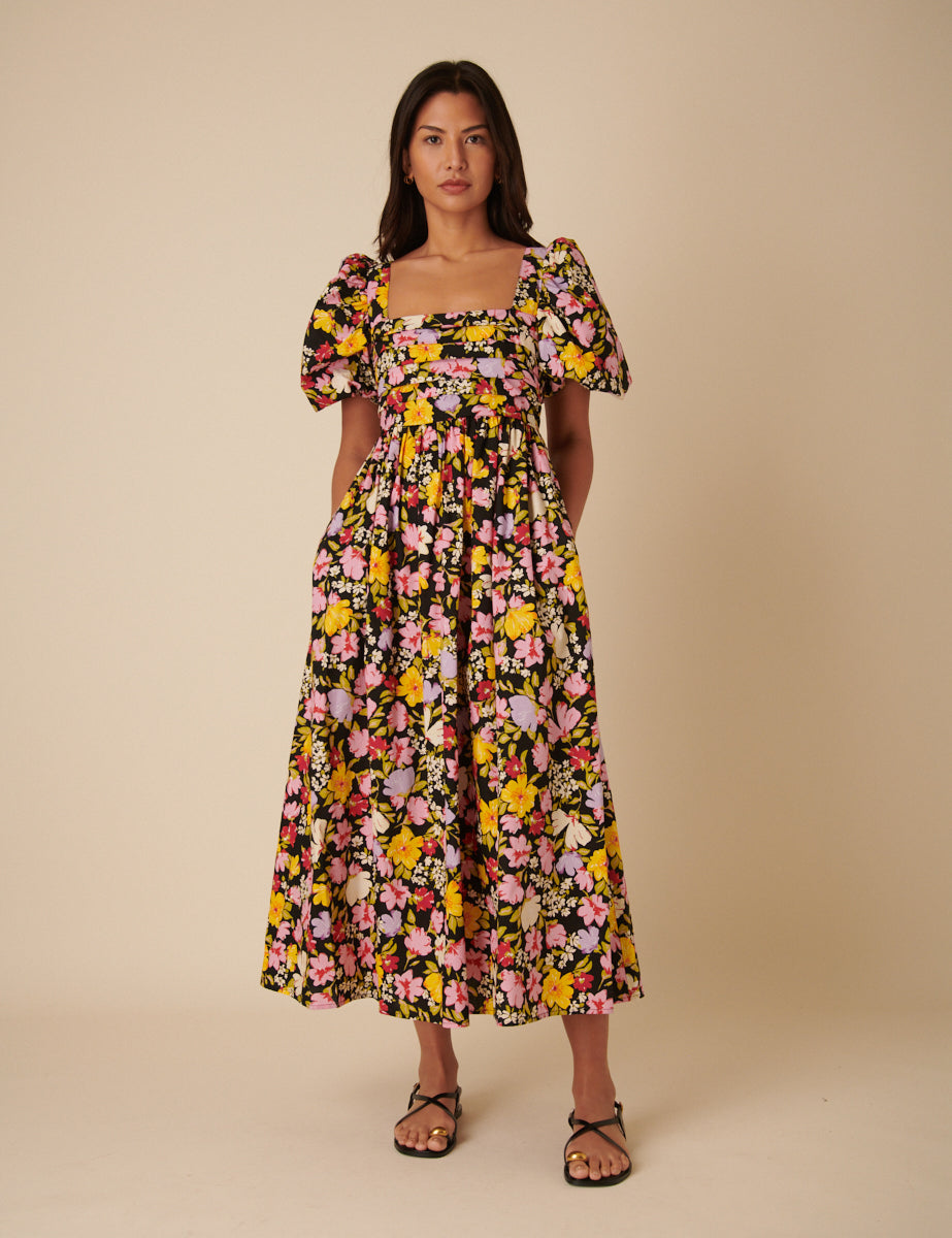 Black Floral Nova Midi Dress