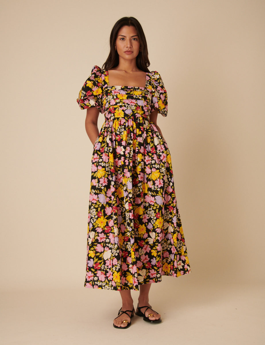 Black Floral Nova Midi Dress