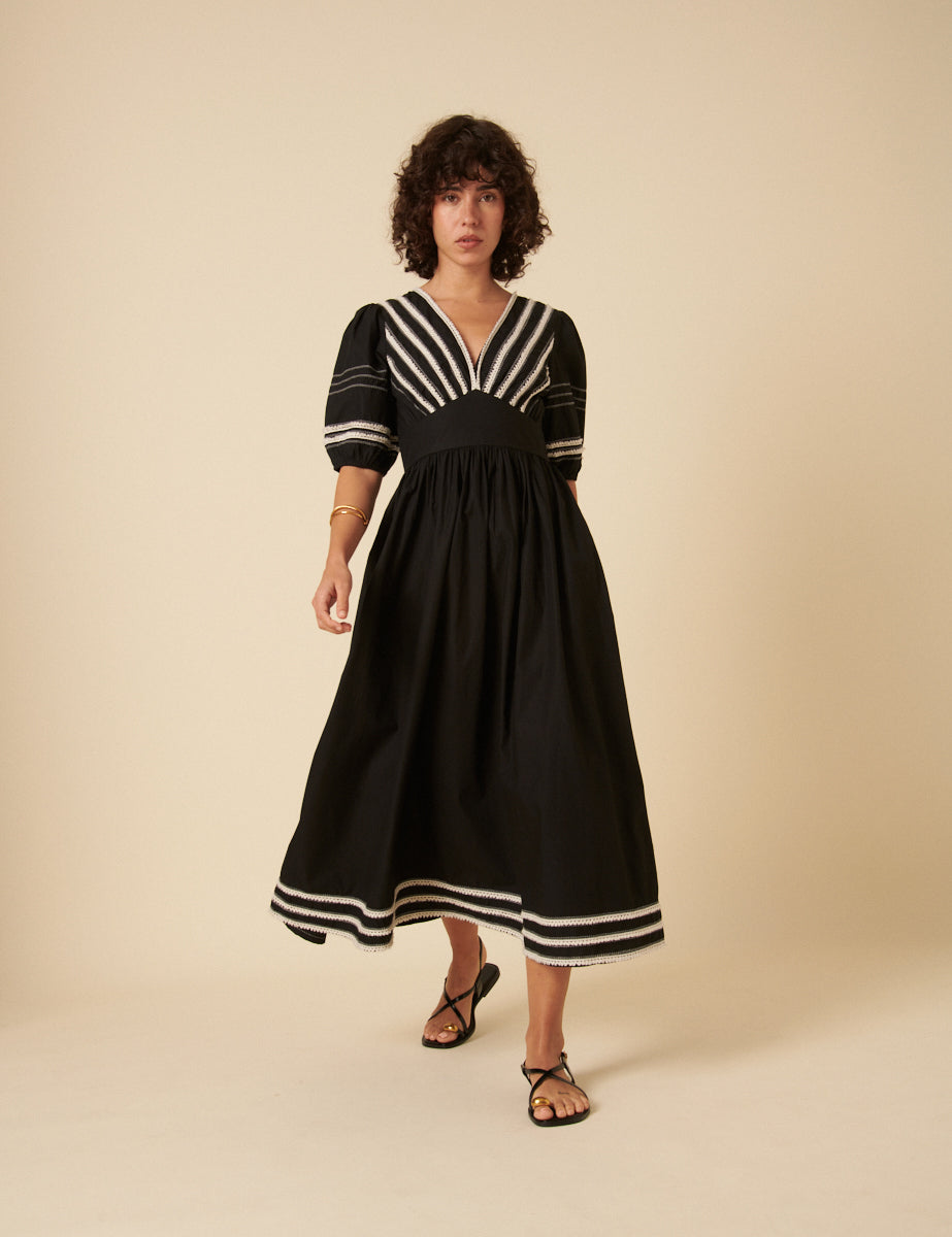 Black Contrast Trim Rosa Midi Dress