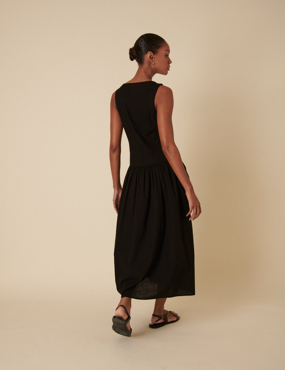 Black Drop Waist Claudia Midi Dress