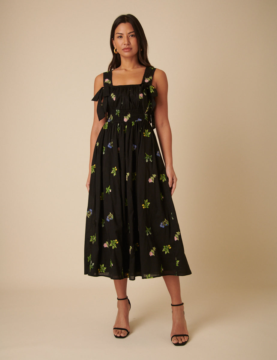 Black Floral Embroidered Dallas Midi Dress