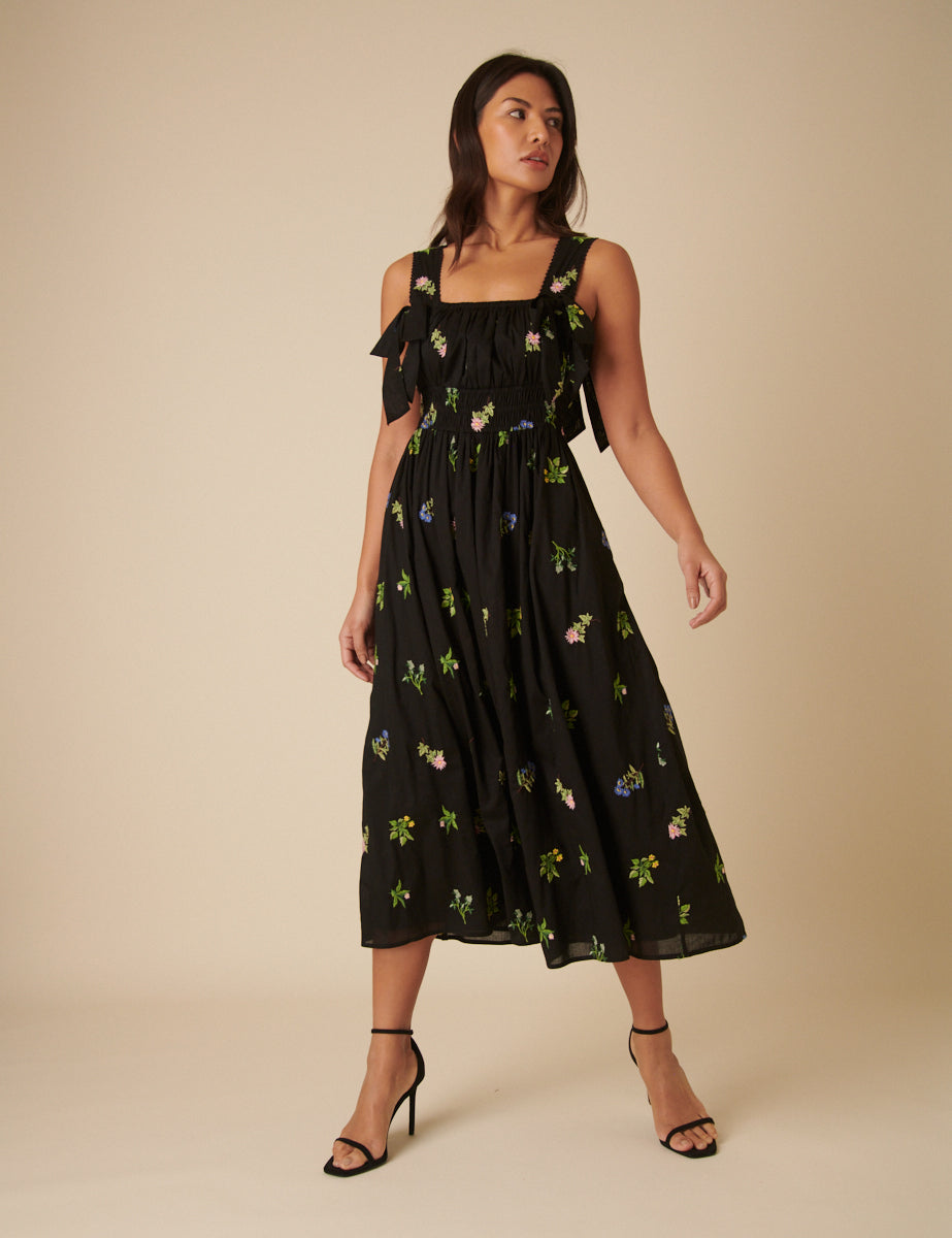 Black Floral Embroidered Dallas Midi Dress