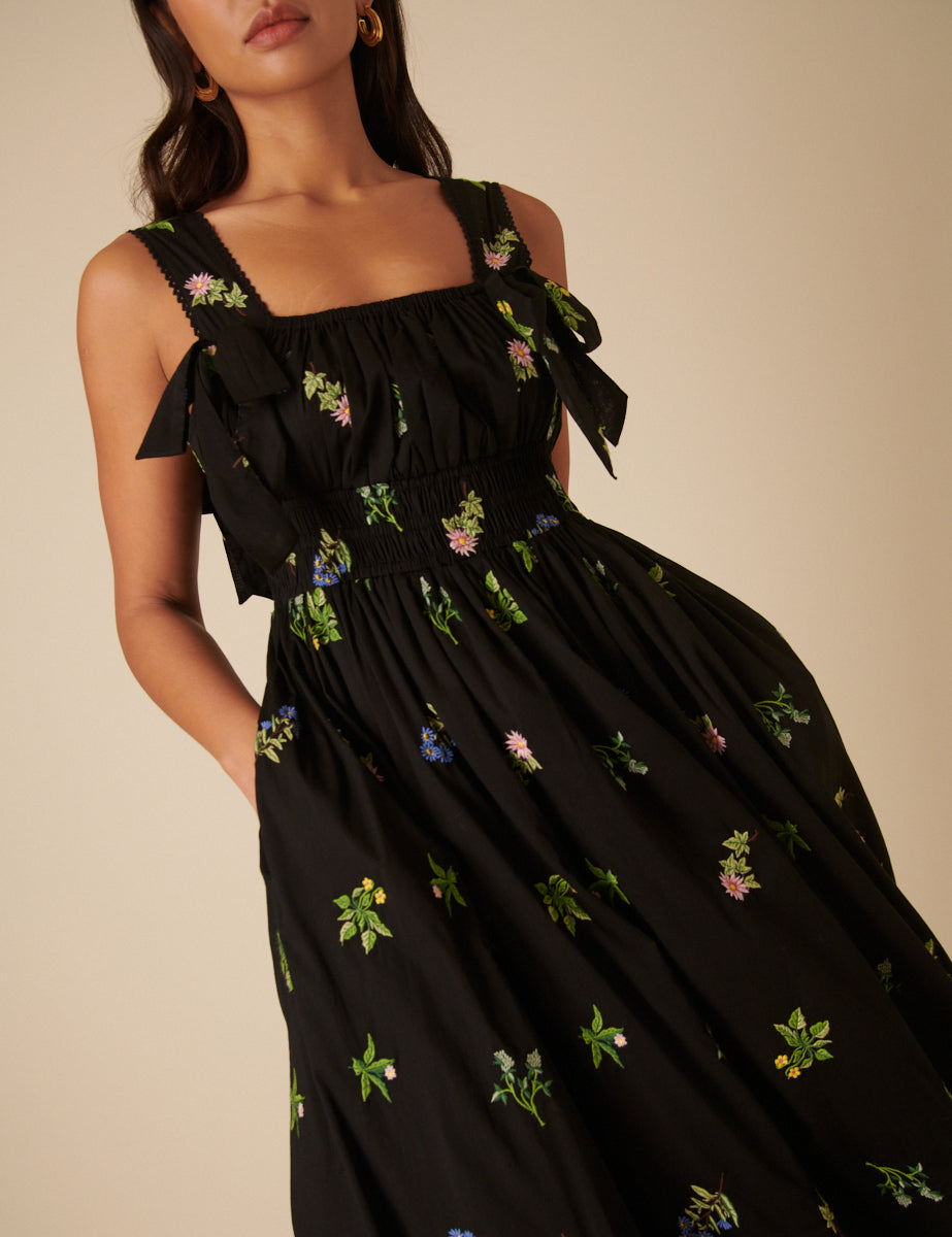 Black Floral Print Dallas Midi Dress