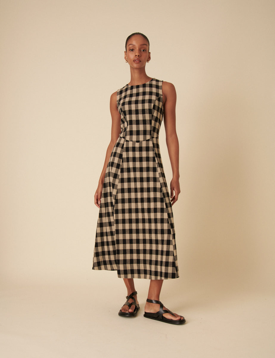 Black And Beige Check Cedar Midi Dress