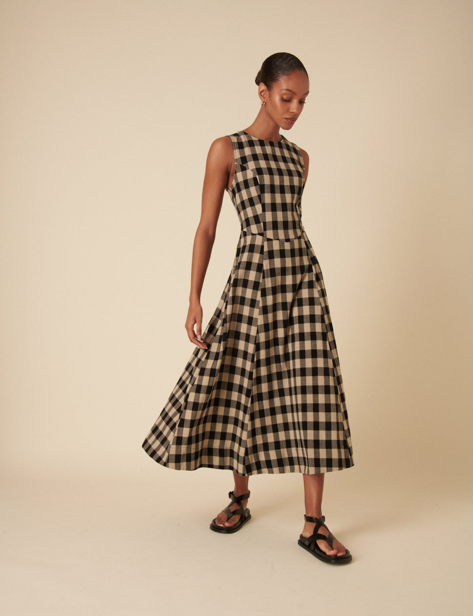 Black And Beige Check Cedar Midi Dress