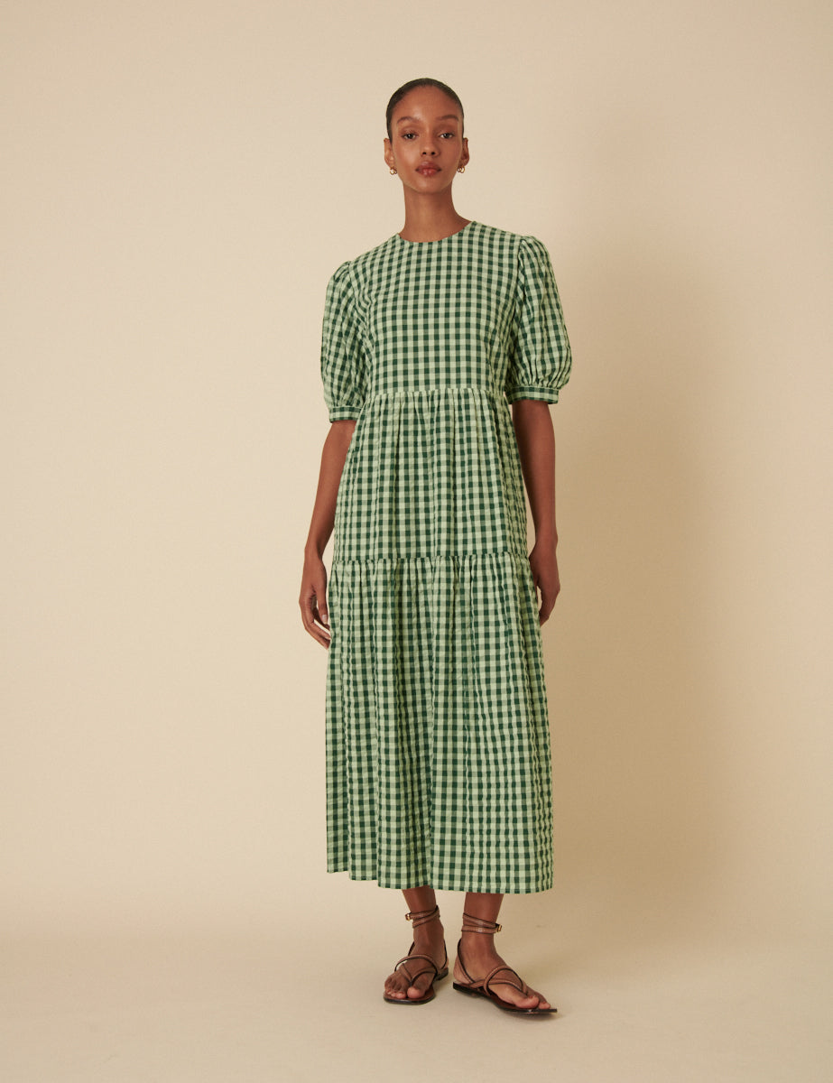 Green Gingham Tiered Rochelle Midi Dress