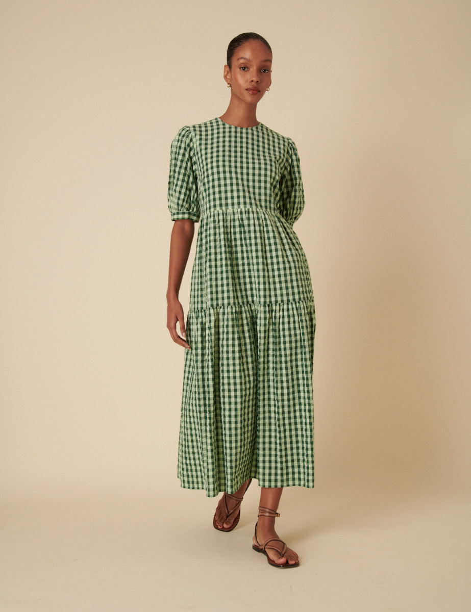 Green Gingham Tiered Rochelle Midi Dress