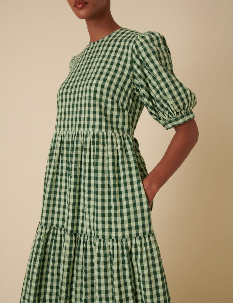 Green Gingham Tiered Rochelle Midi Dress