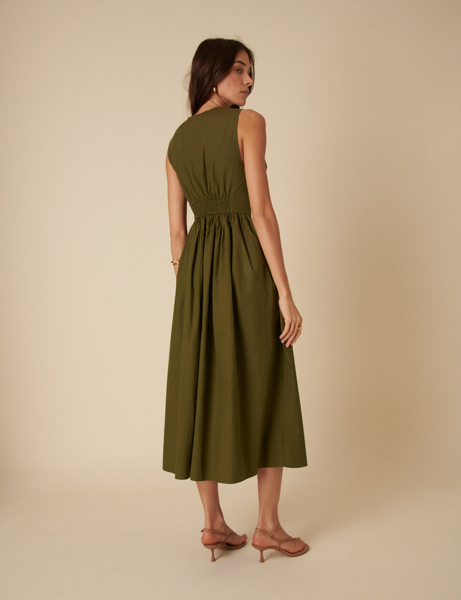 Khaki Button Down A-line Oak Midi Dress