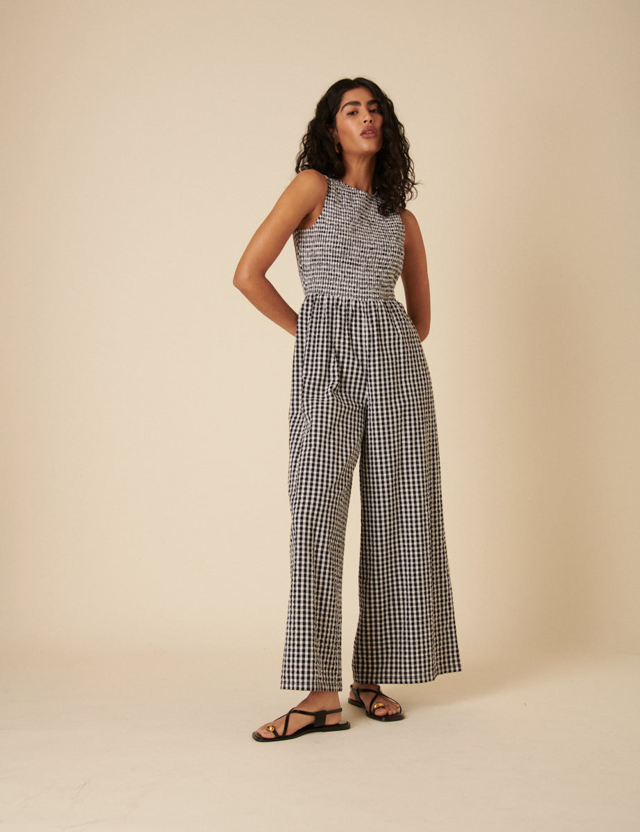 Black Gingham Shirred Jumpsuit