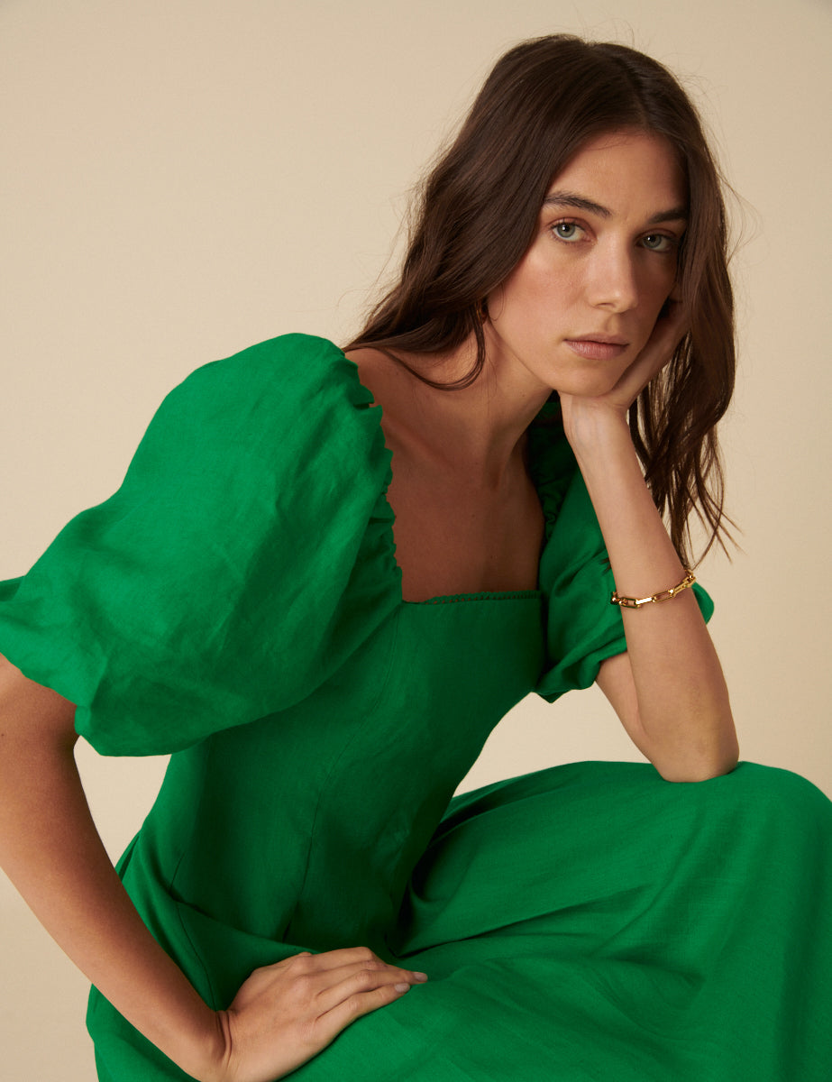 Green Puff Sleeve Linen Demi Midi Dress