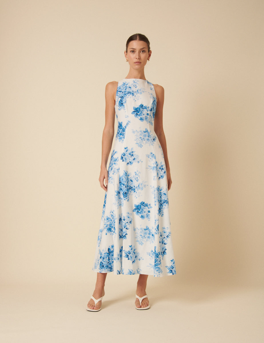 Blue Watercolour Floral Sleeveless Reign Midi Dress