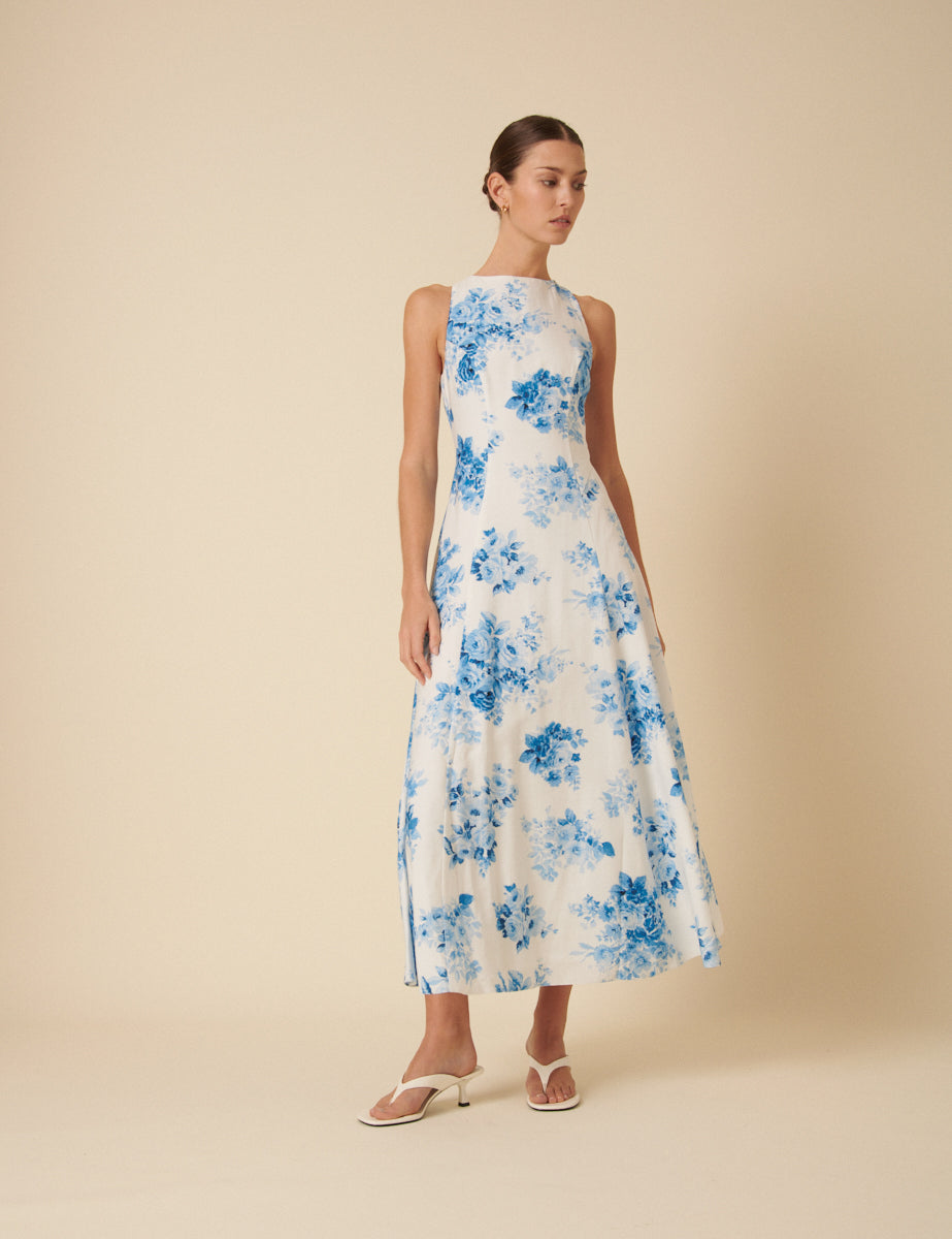 Blue Watercolour Floral Sleeveless Reign Midi Dress