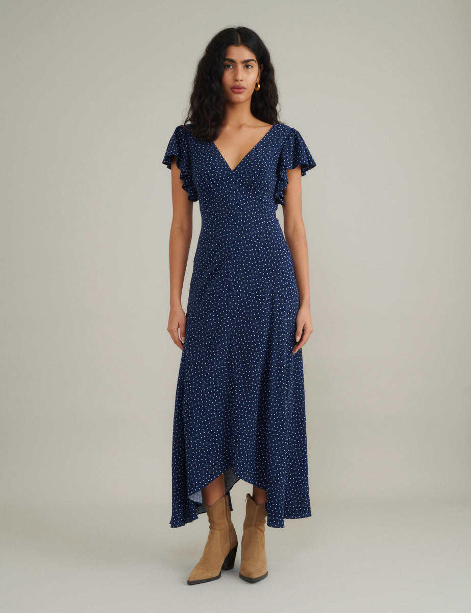 Navy Spot Print Flutter Sleeve Dress