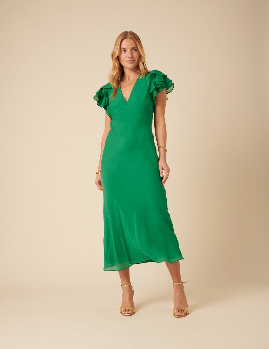 Green Frill Sleeve Layla Midi Dress
