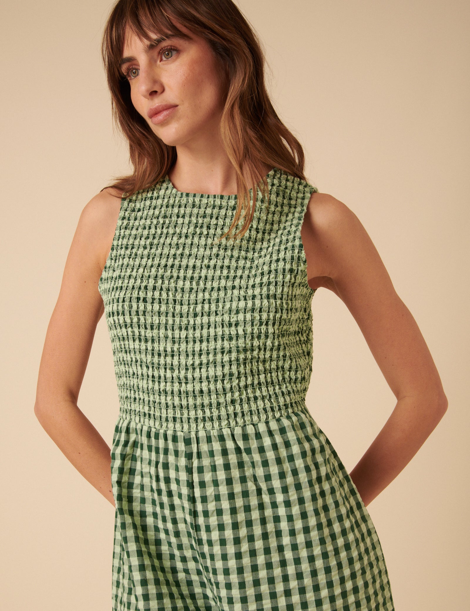 Green Gingham Shirred Jumpsuit