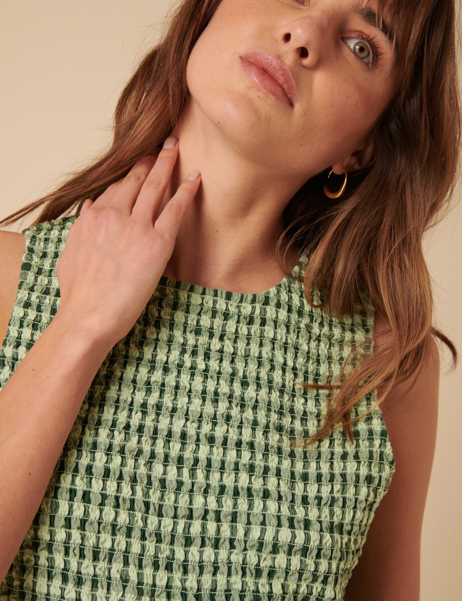 Green Gingham Shirred Jumpsuit