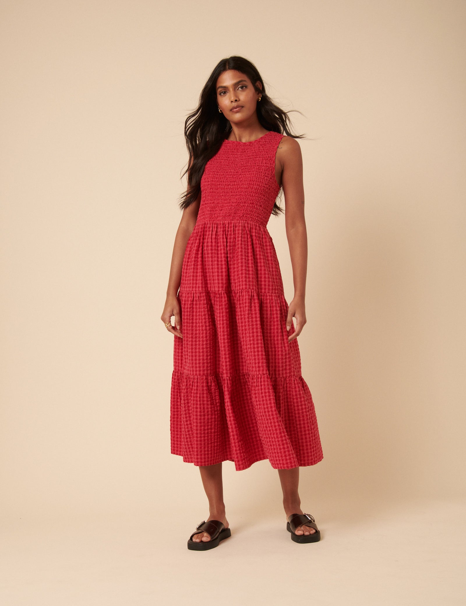 Pink And Red Gingham Sleeveless Tiered Charlie Midi Dress