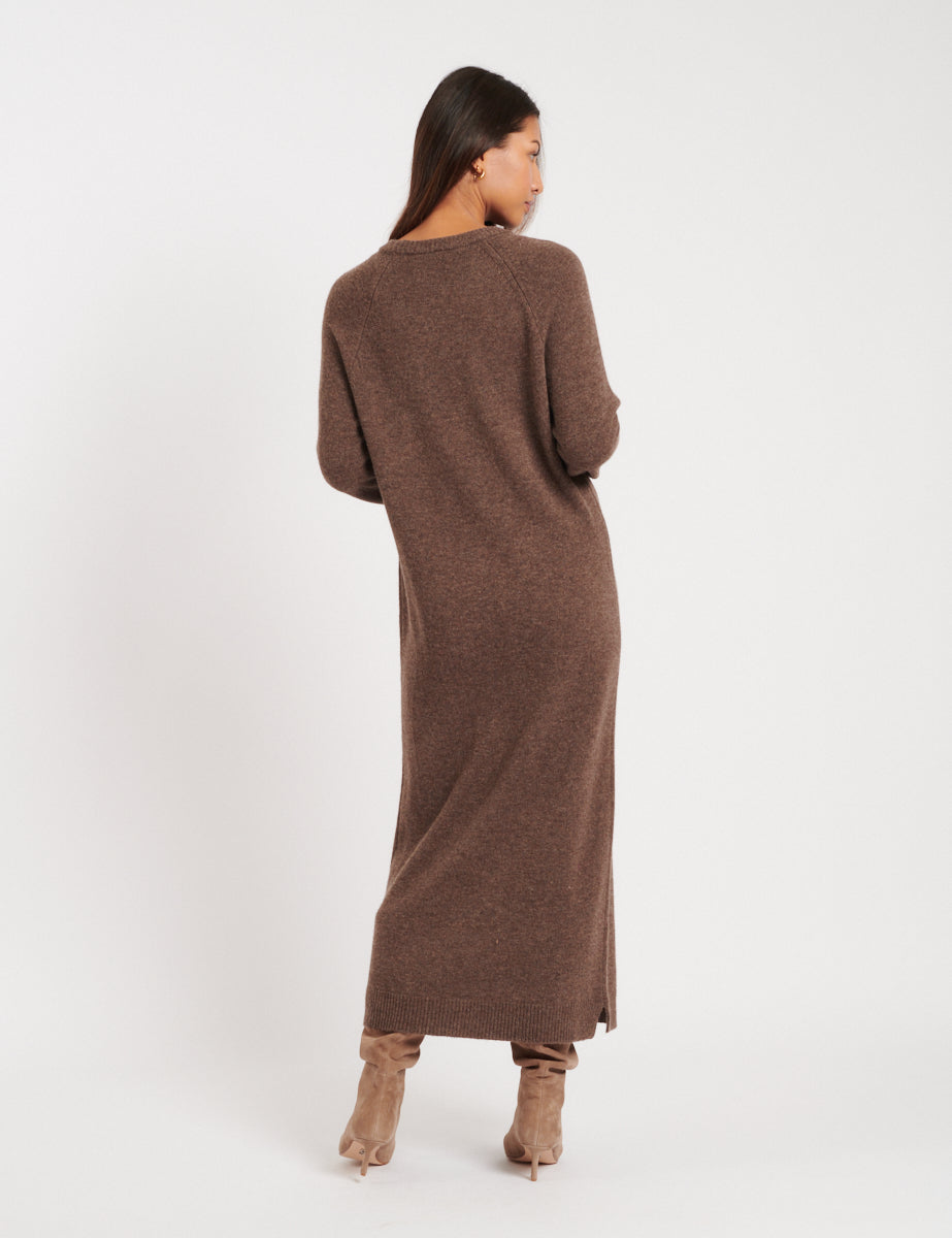 Brown Crew Neck Wool Knitted Midi Jumper Dress