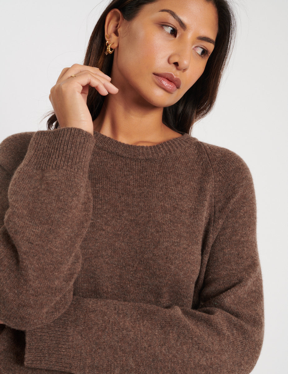 Brown Crew Neck Wool Knitted Midi Jumper Dress