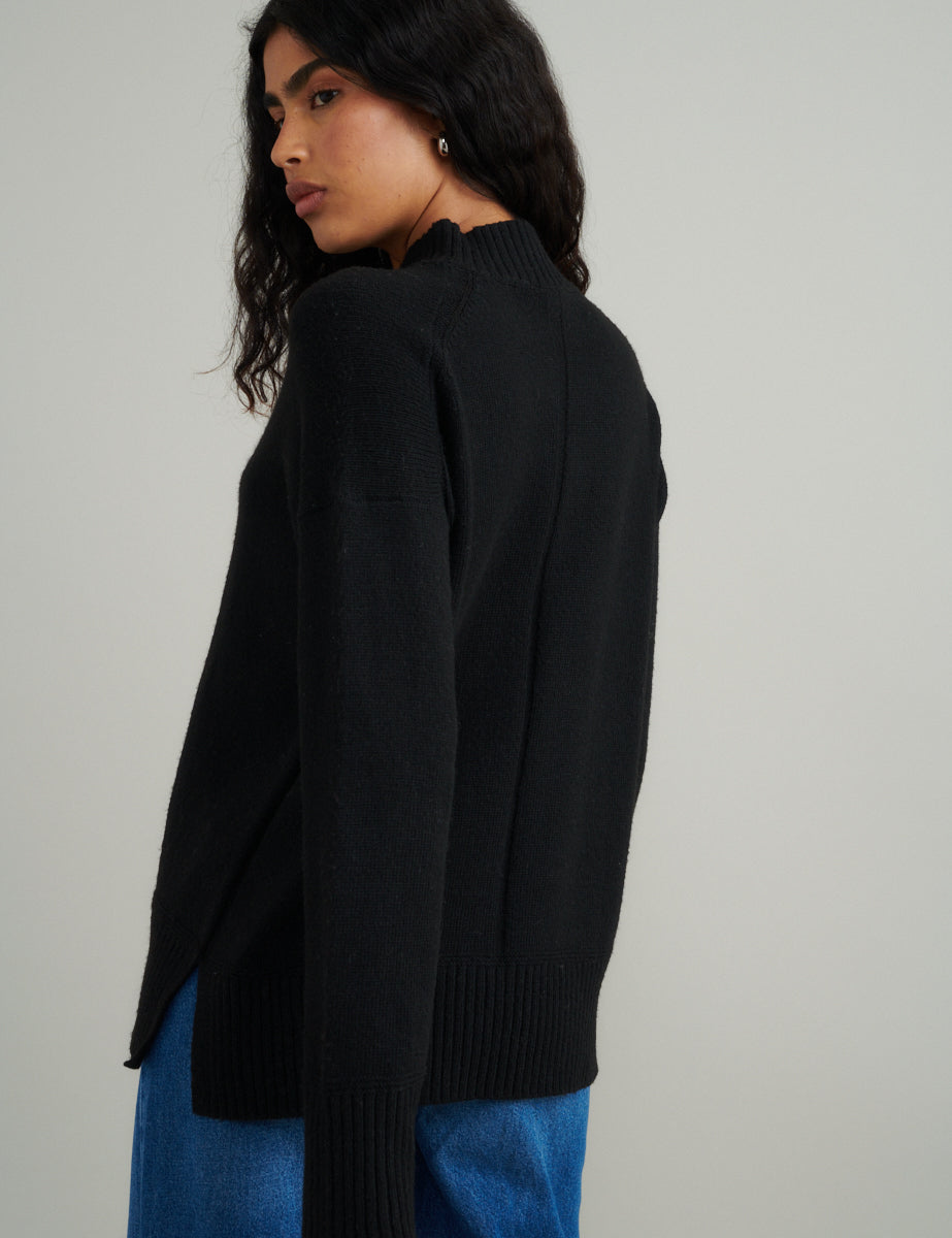 Black Knitted Funnel Neck Longline Jumper