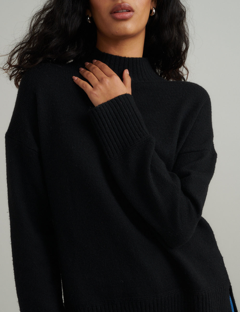 Black Knitted Funnel Neck Longline Jumper